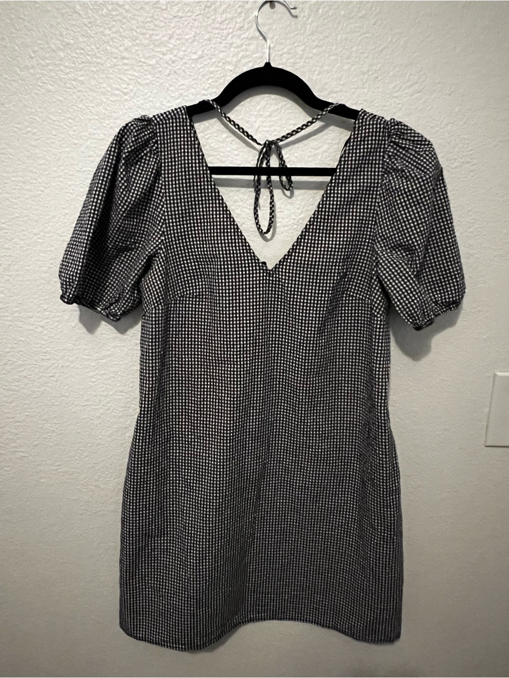 a new day Black and White Gingham V-Neck Puff Sleeve Mini Dress